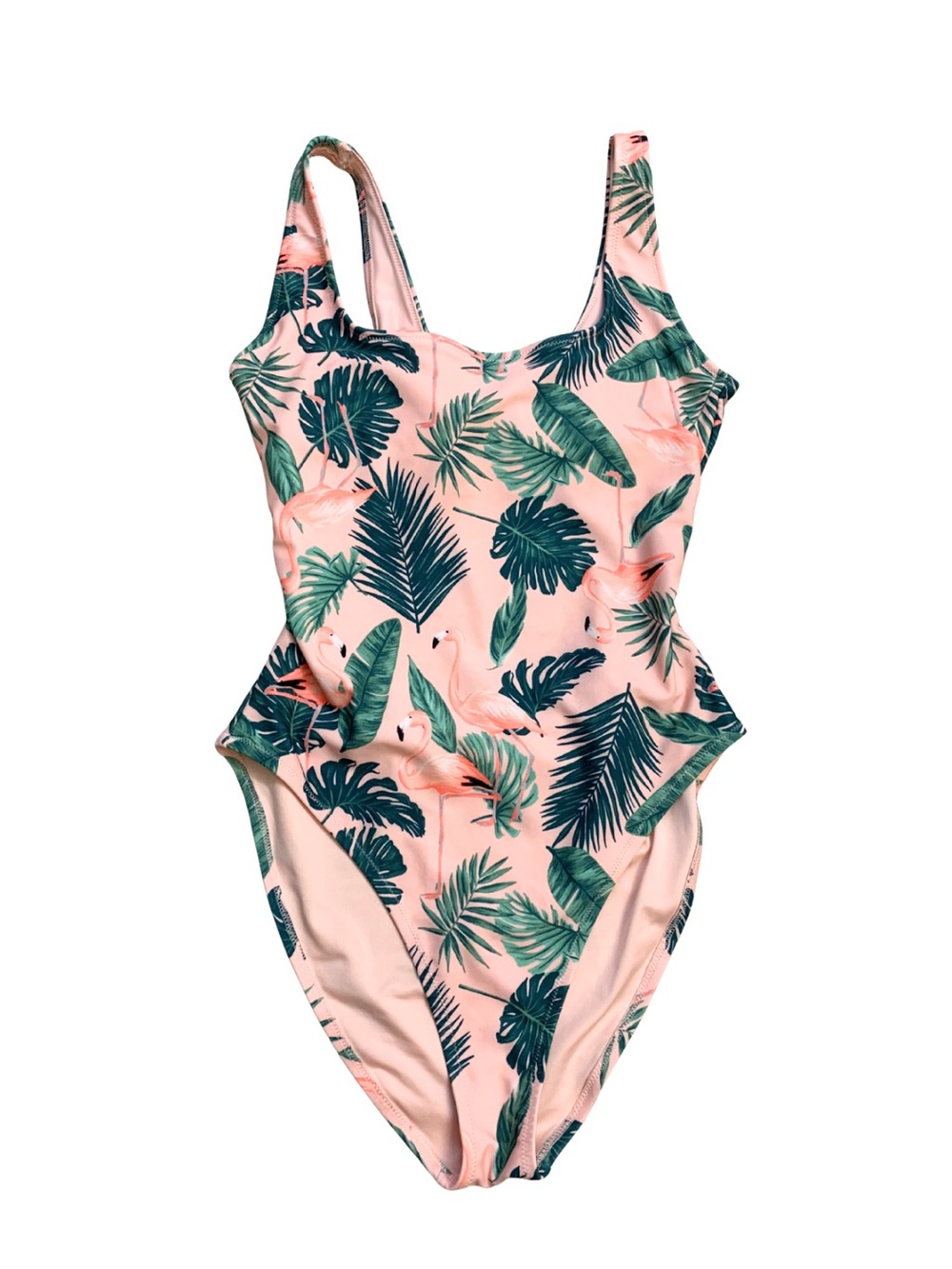 Pink Flamingo Green Palm Tree Leaf Print One Piece Swimsuit Tropical Novelty